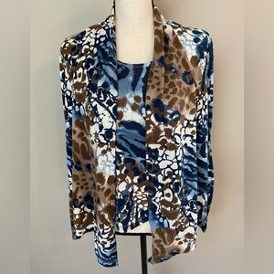 Alfred Dunner Blue and Brown Patterned Cardigan | Women's Sz MP